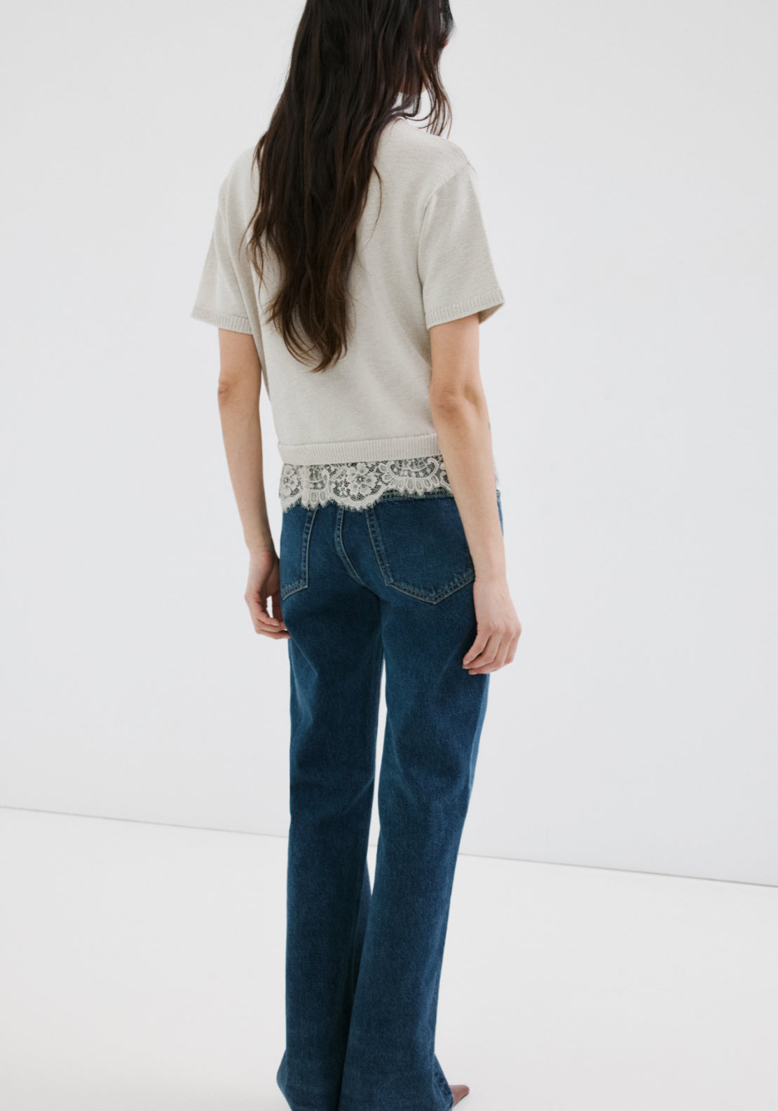 Ribbed Lace Trimmed Jumper - Beige