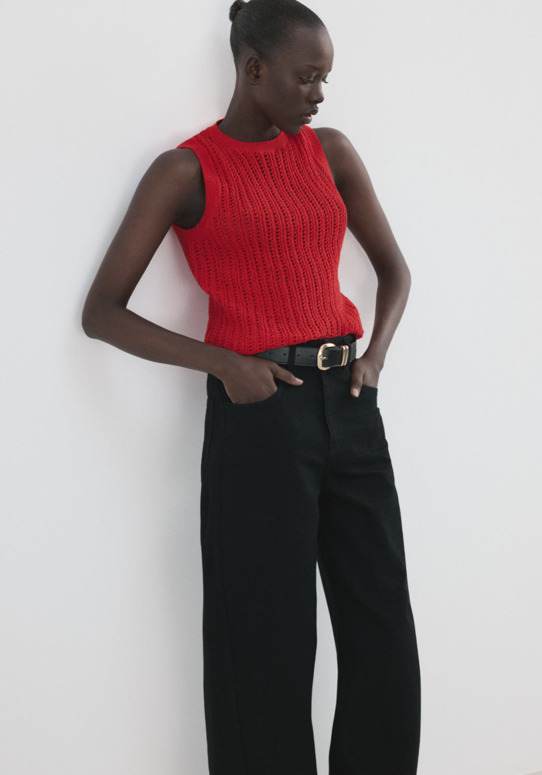 Mango Openwork Knit Top - Red 3 Shaws Department Stores