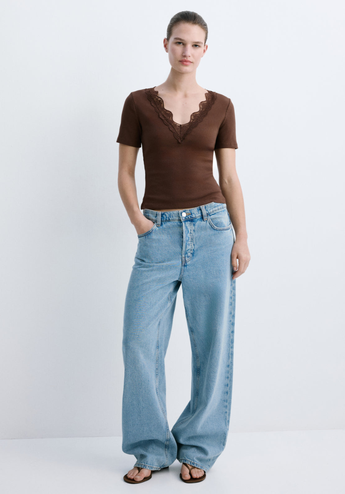 Lace Neck Trim Top - Black
