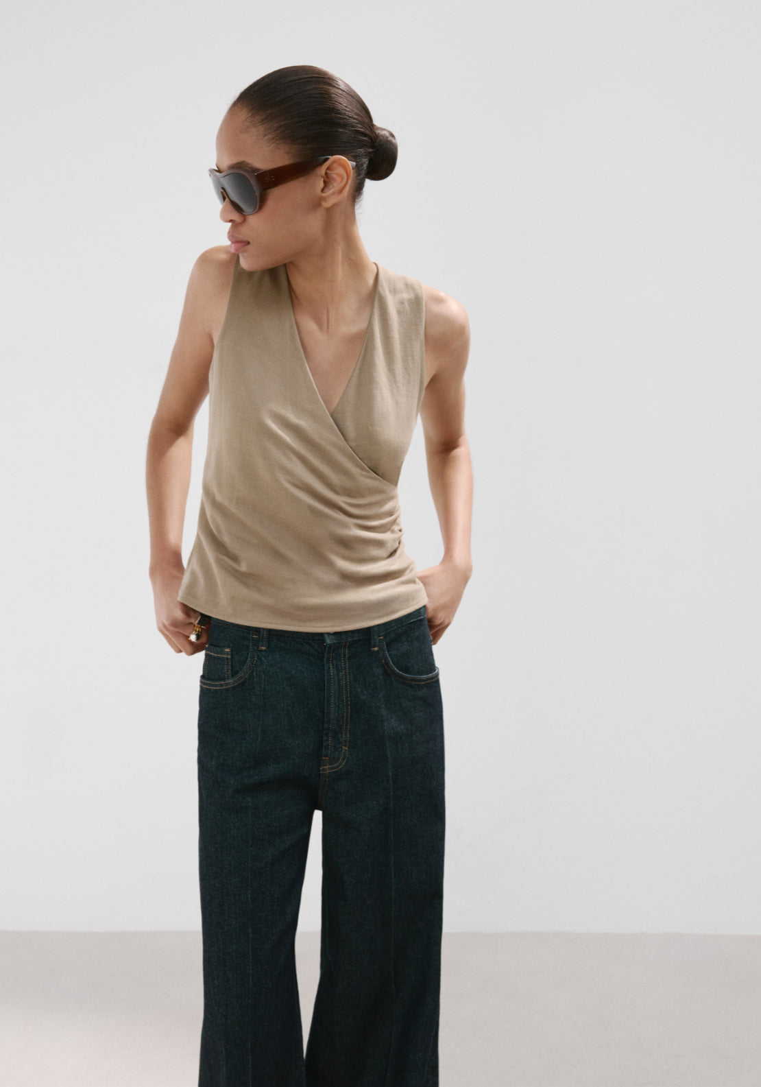 Ruched Wrap Top - Beige