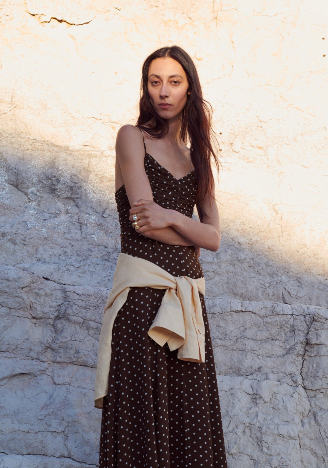 Polka Dot Dress With Gathered Neckline - Brown