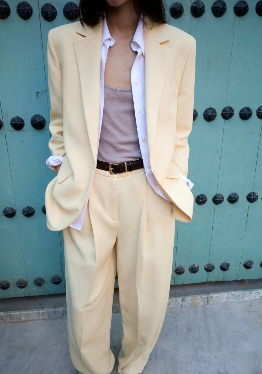 Linen Blend Straight Trousers - Yellow