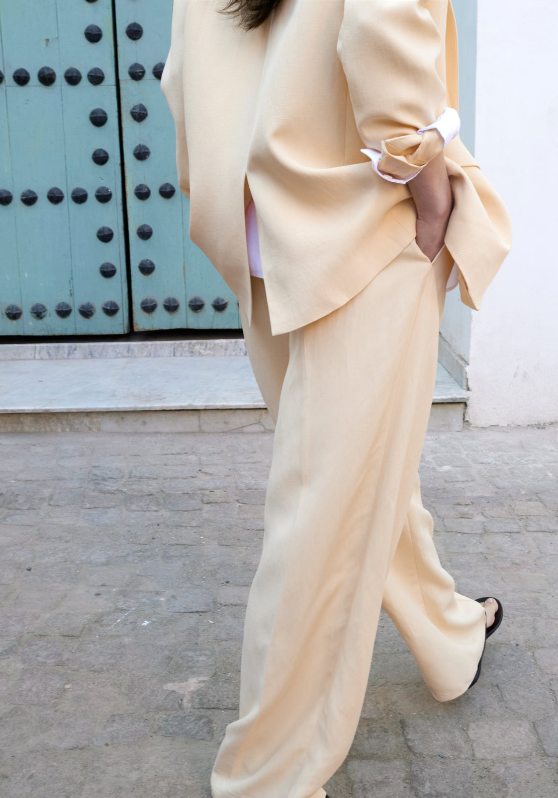 Linen Blend Straight Trousers - Yellow