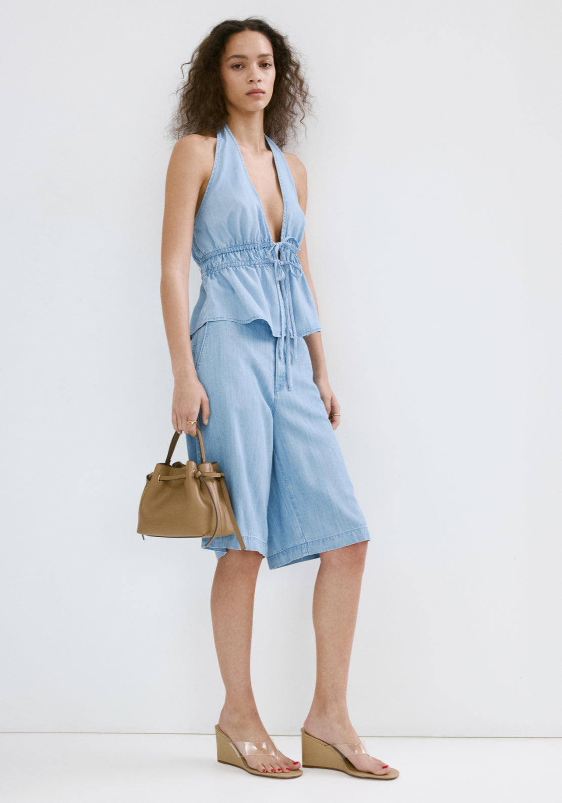 V-Neck Denim Top With Bow - Denim Blue
