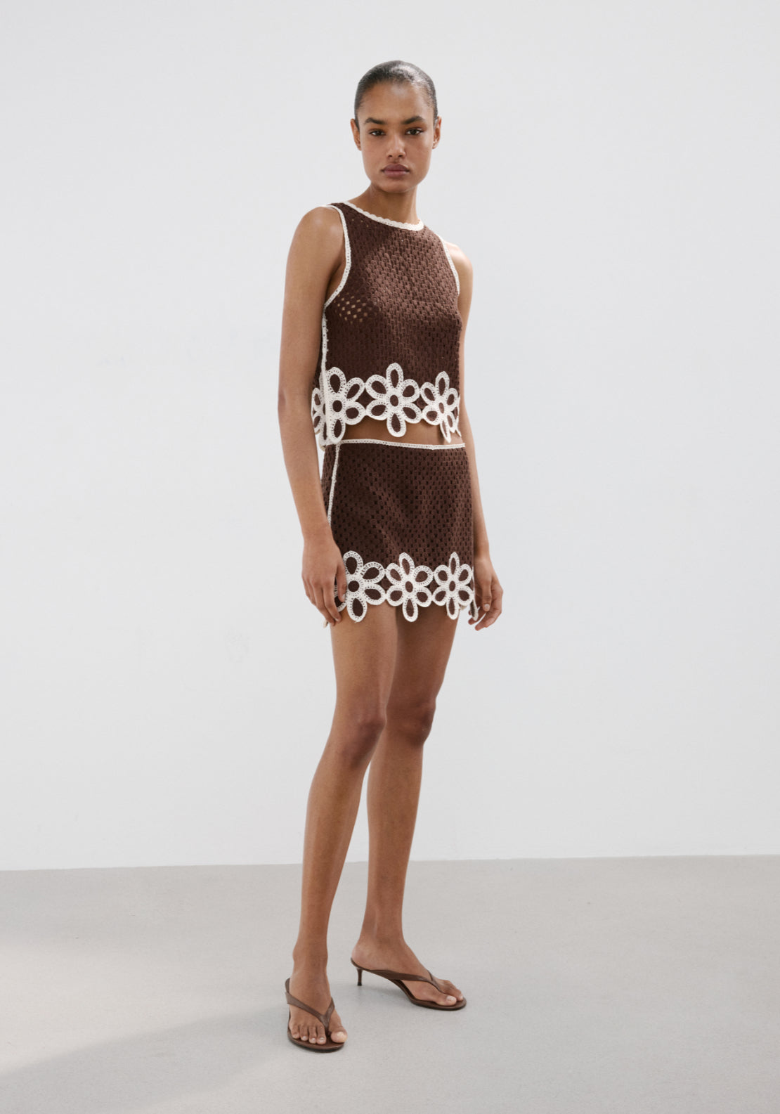 Floral Embroidered Crochet Top - Brown