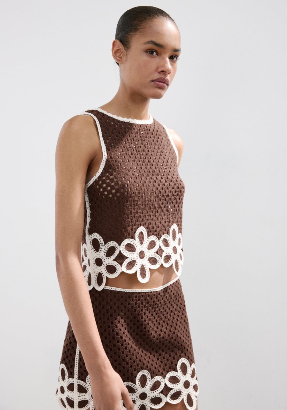 Floral Embroidered Crochet Top - Brown
