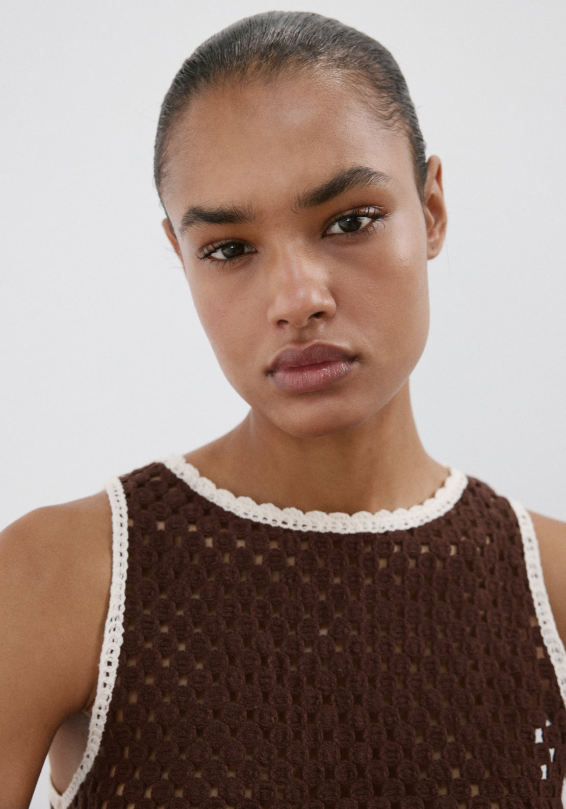 Floral Embroidered Crochet Top - Brown
