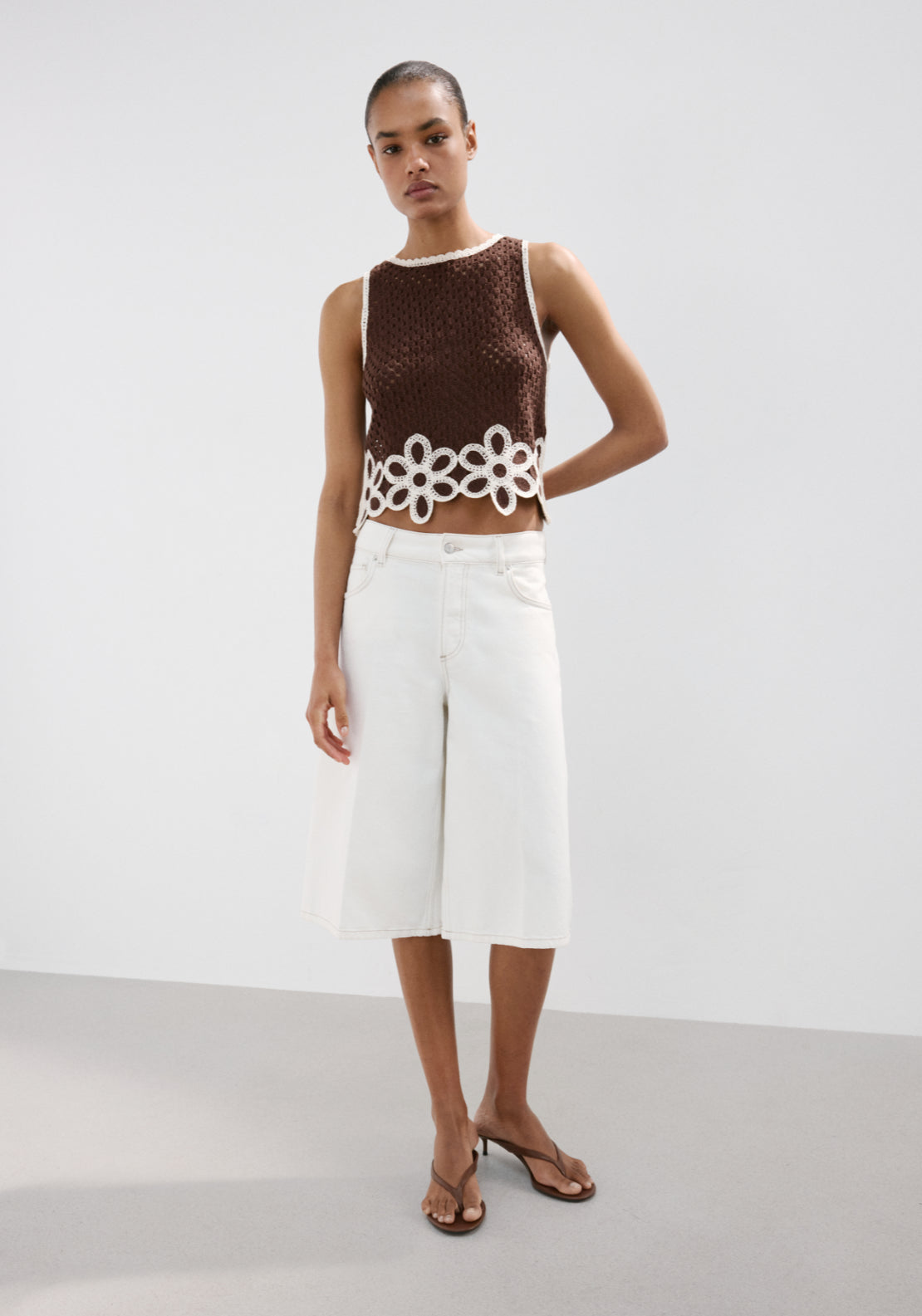 Floral Embroidered Crochet Top - Brown