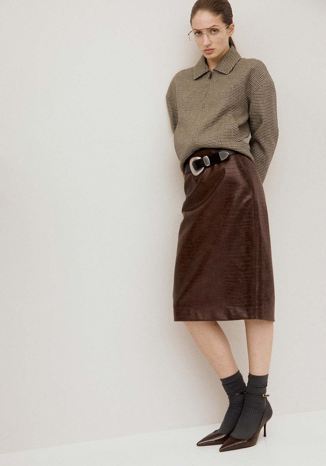 Houndstooth Jacket With Lapels - Brown