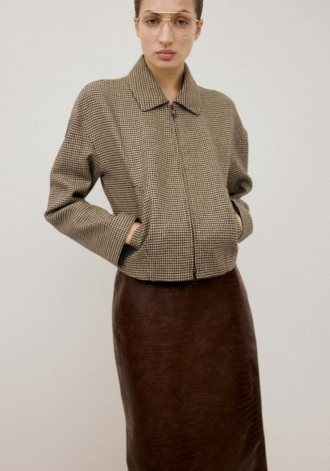 Houndstooth Jacket With Lapels - Brown