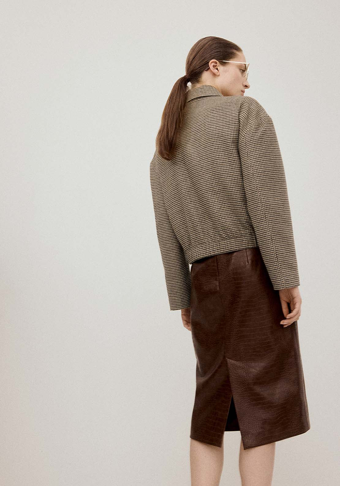 Houndstooth Jacket With Lapels - Brown