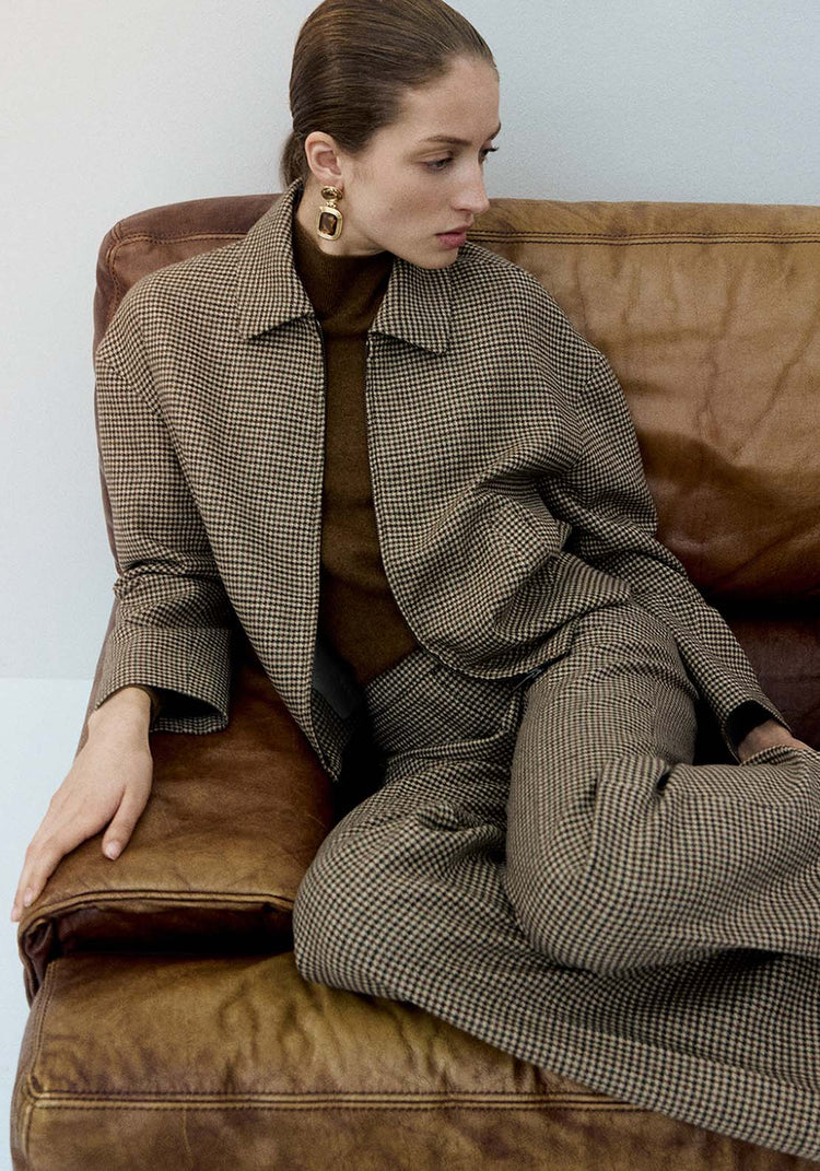 Houndstooth Jacket With Lapels - Brown