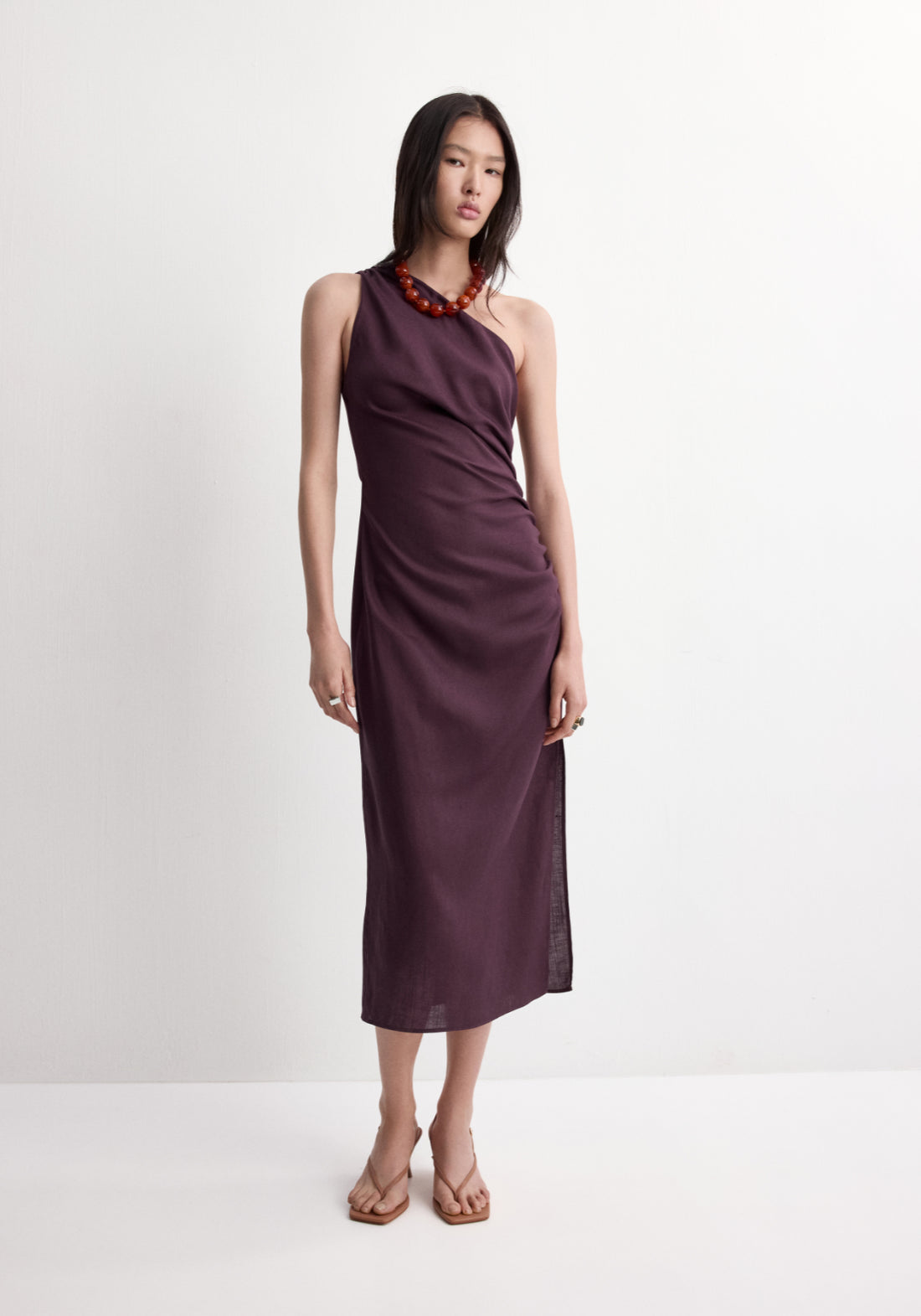 Asymmetrical Dress With Side Slit - Burgundy