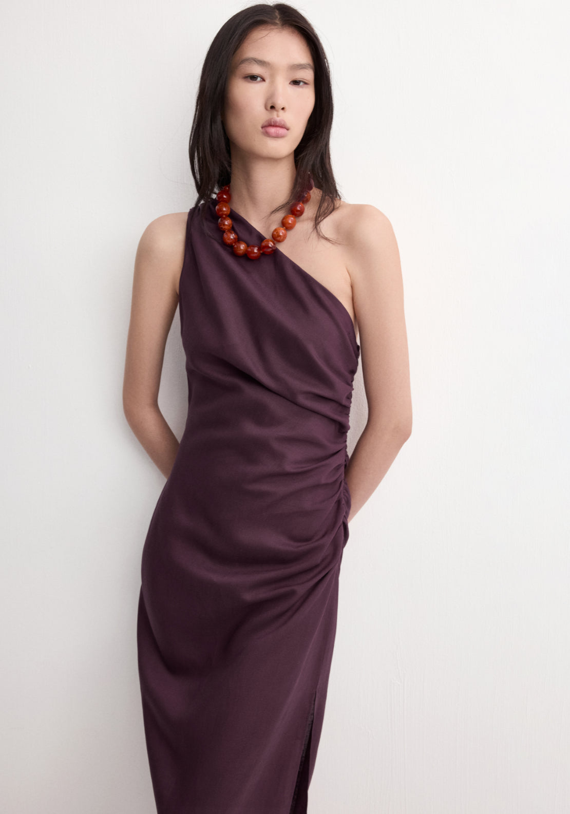 Asymmetrical Dress With Side Slit - Burgundy