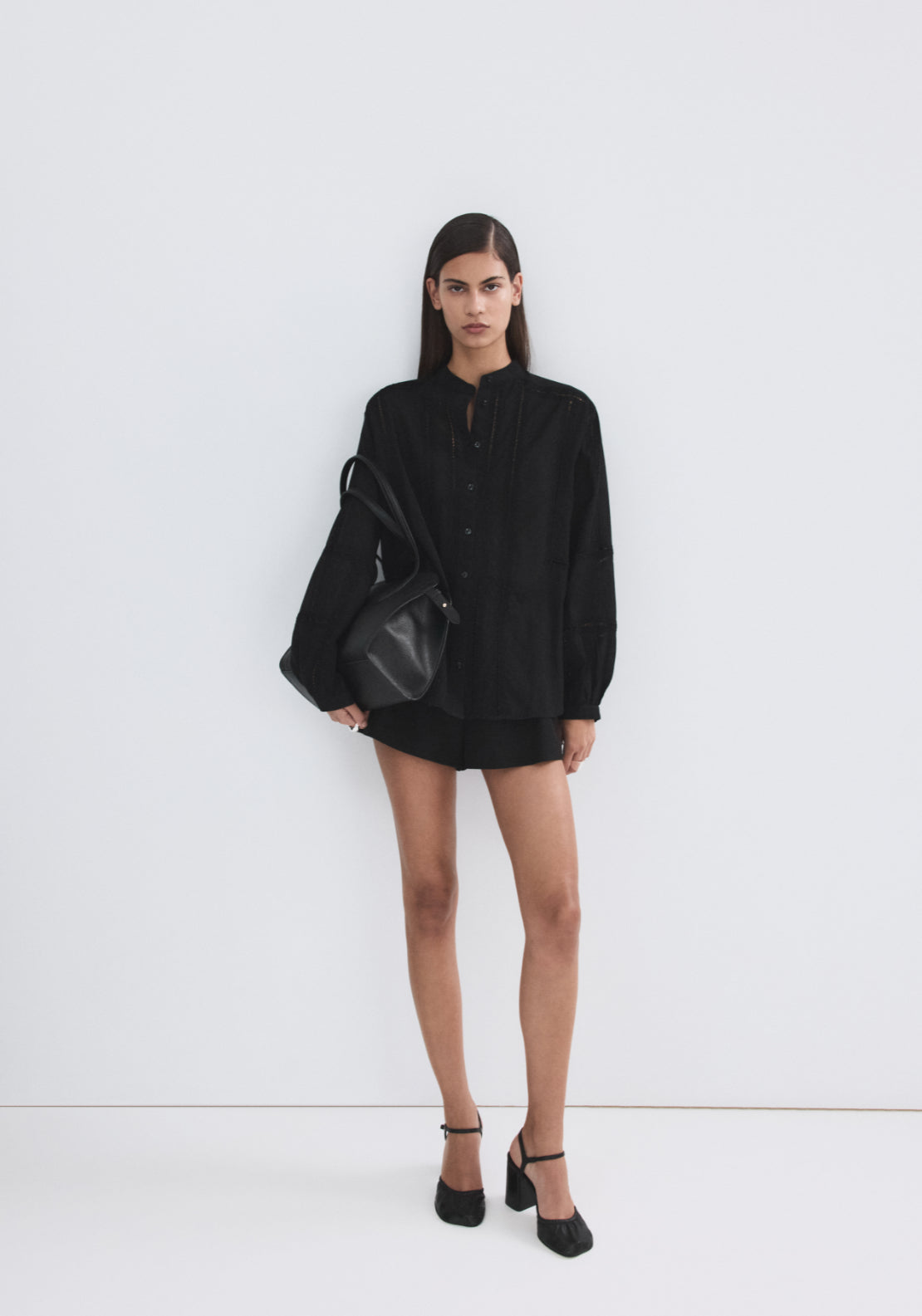 Embroidered Openwork Blouse - Black