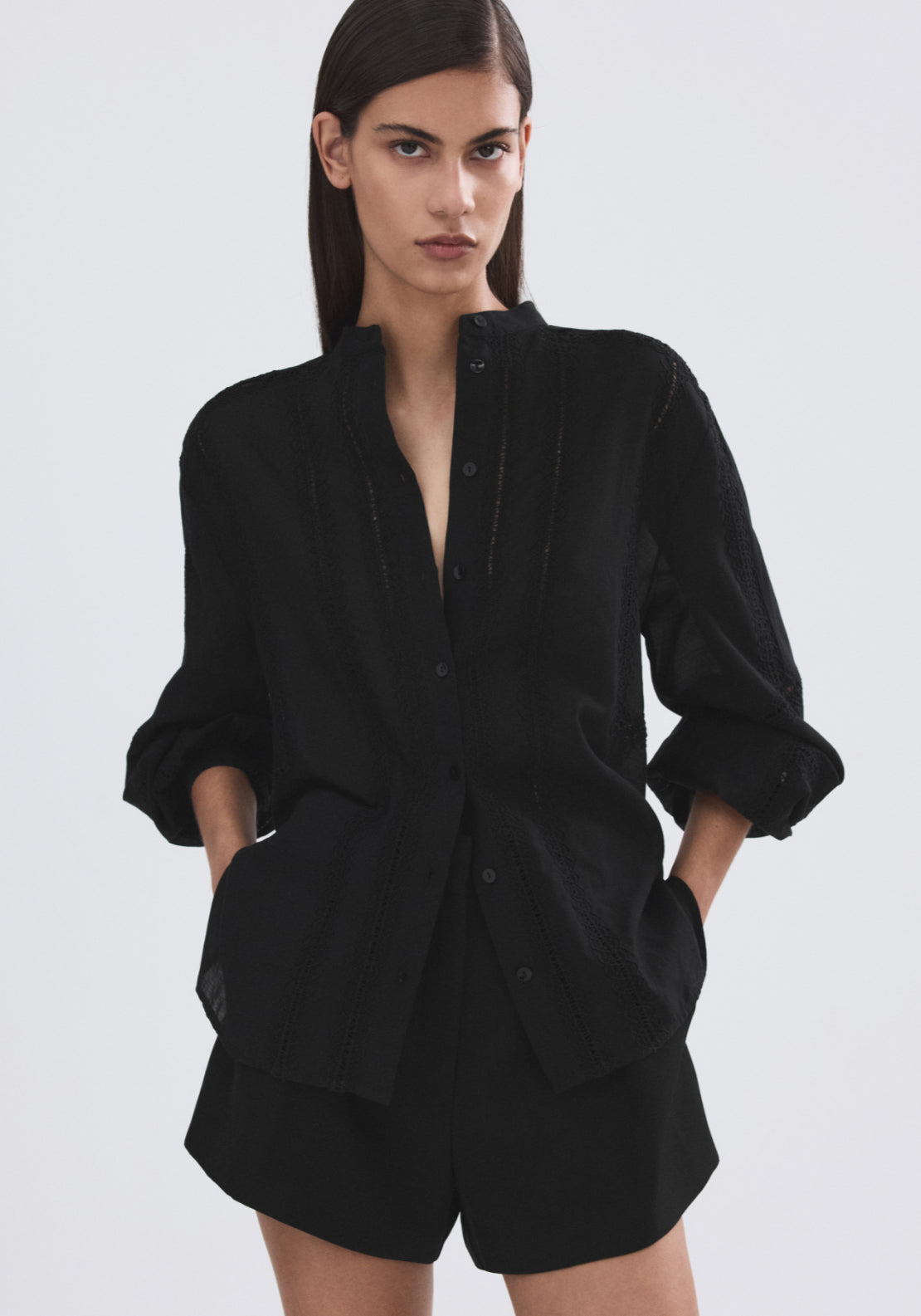 Embroidered Openwork Blouse - Black
