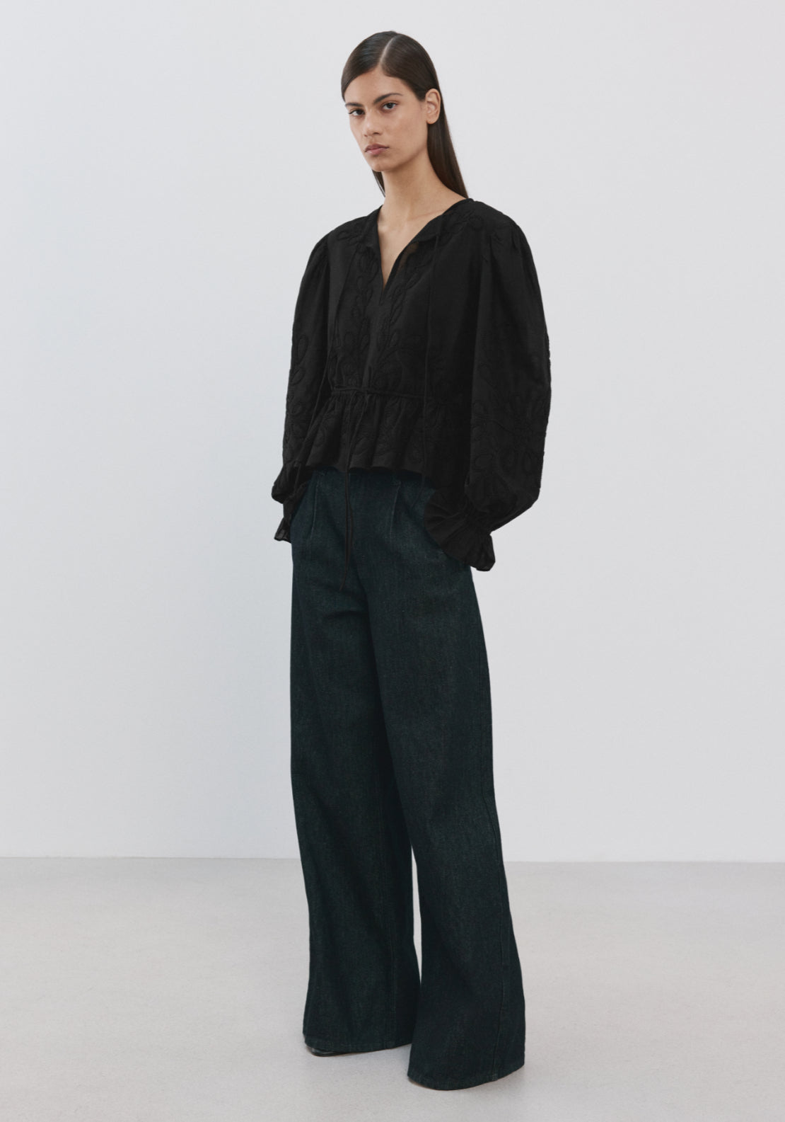 Cotton Blouse With Floral Embroideries - Black