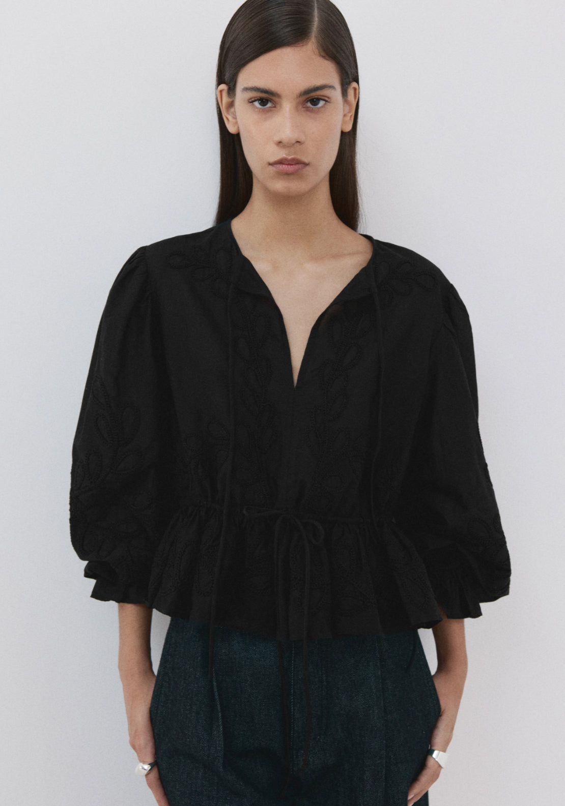 Cotton Blouse With Floral Embroideries - Black