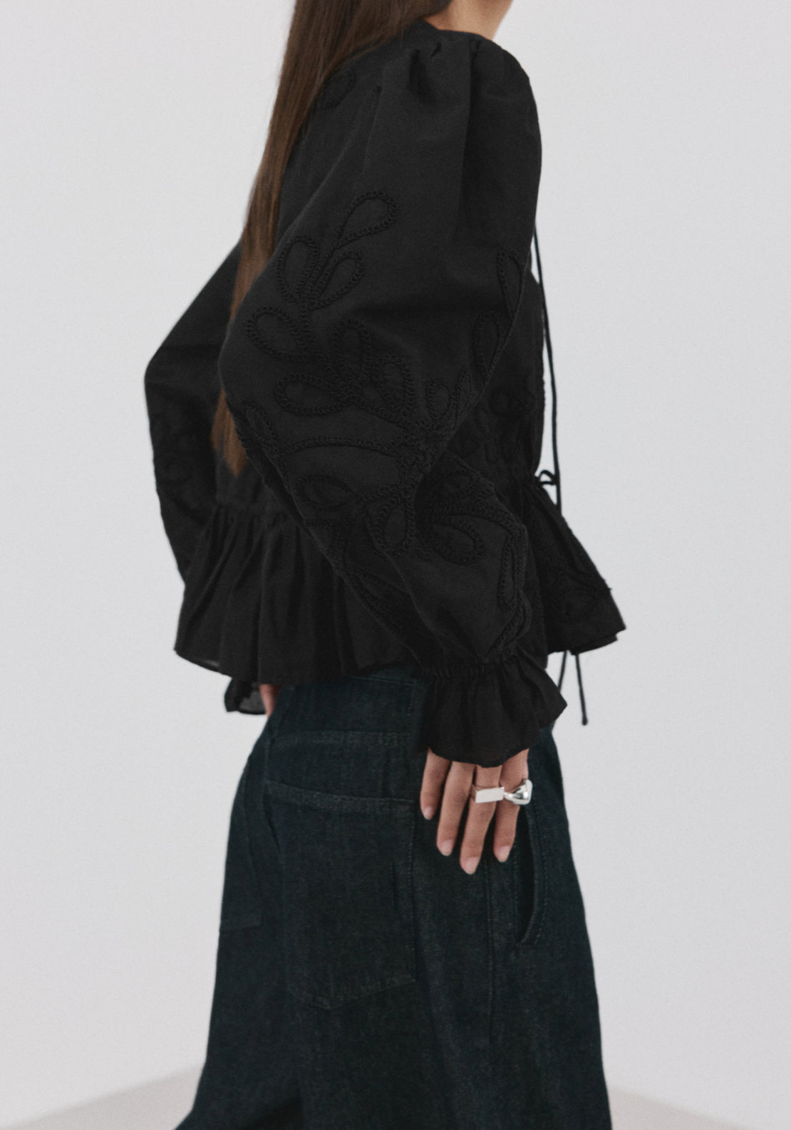 Cotton Blouse With Floral Embroideries - Black