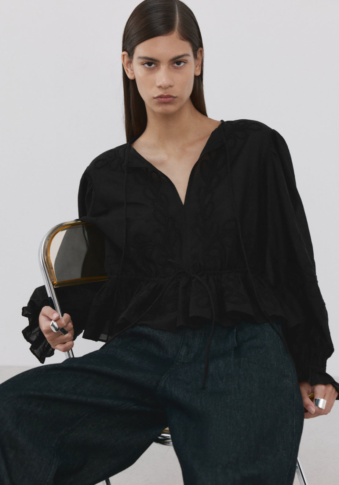 Cotton Blouse With Floral Embroideries - Black
