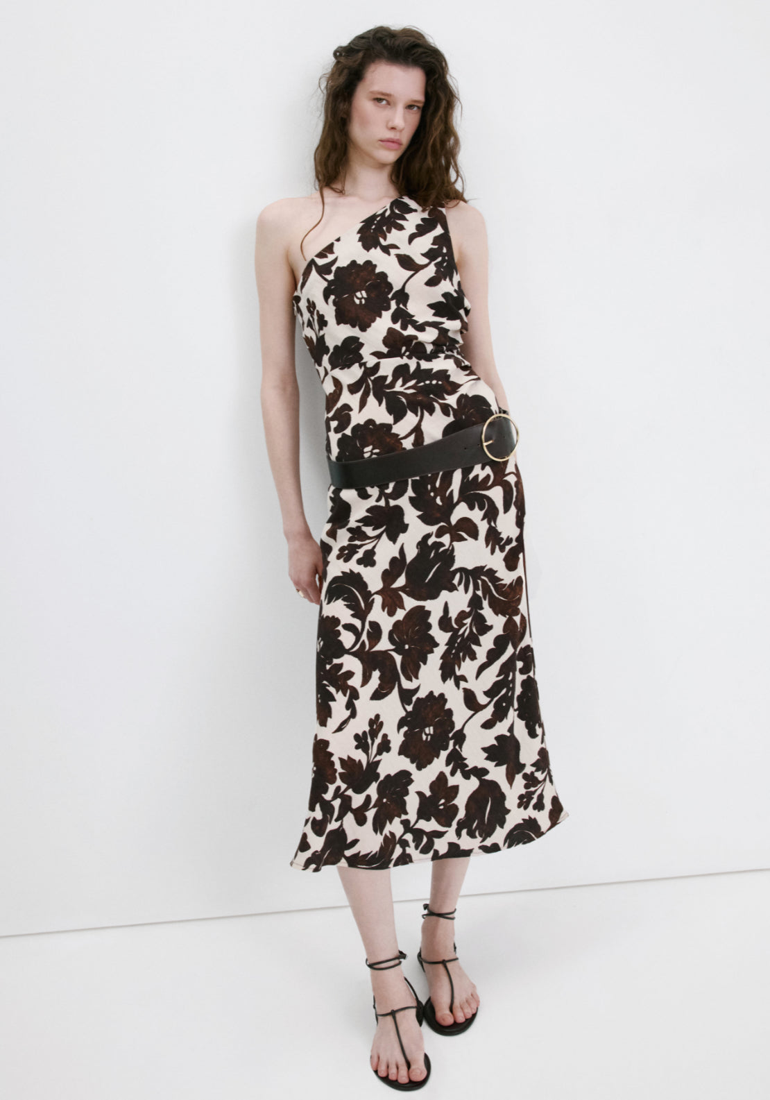 Asymmetrical Floral Print Dress - Brown