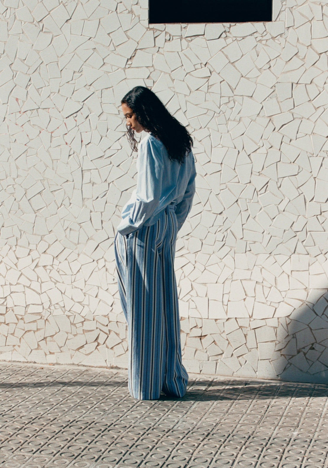 Wide Leg Striped Jeans - Blue