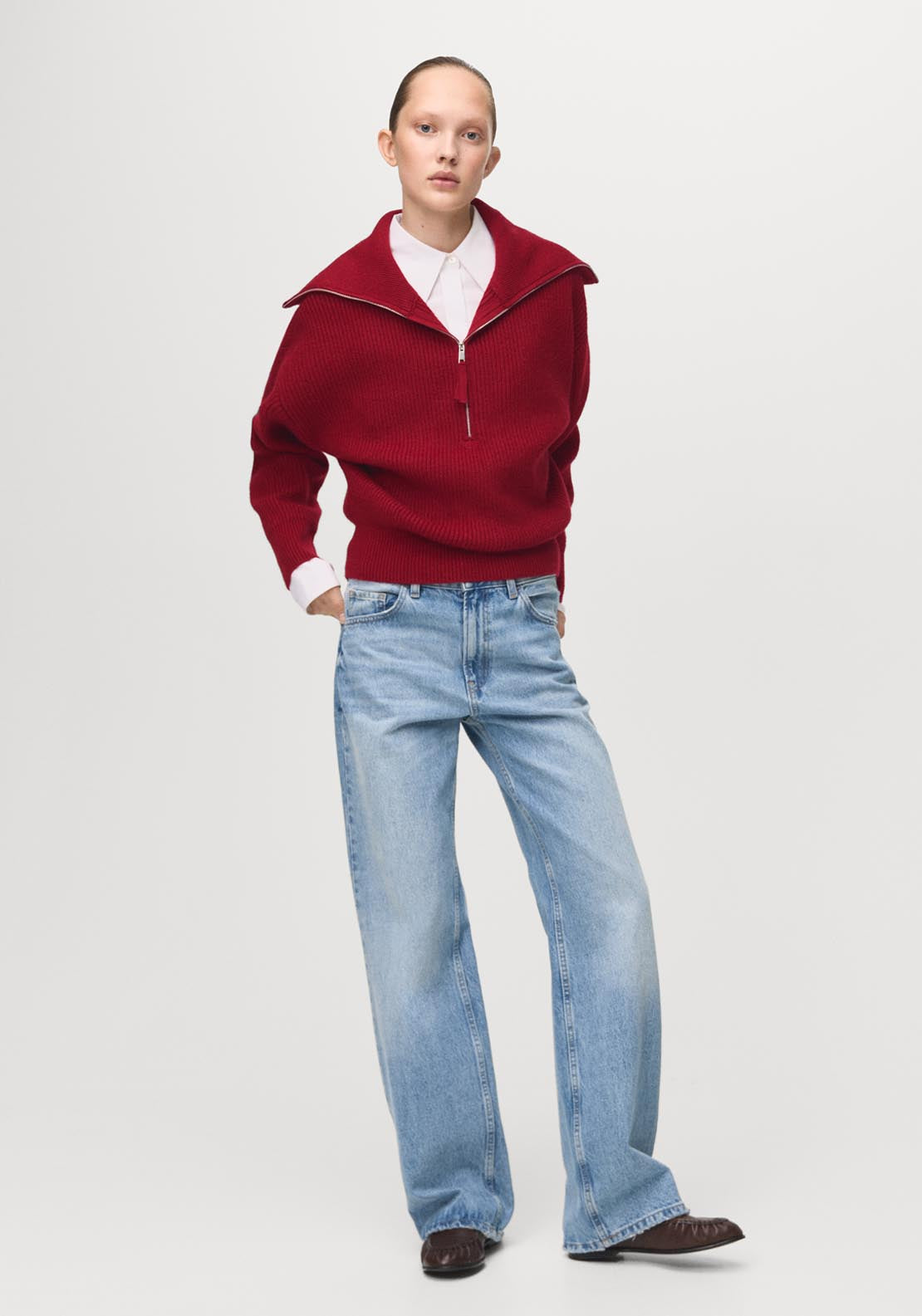 Sweater With Funnel Neck And Zip - Burgundy