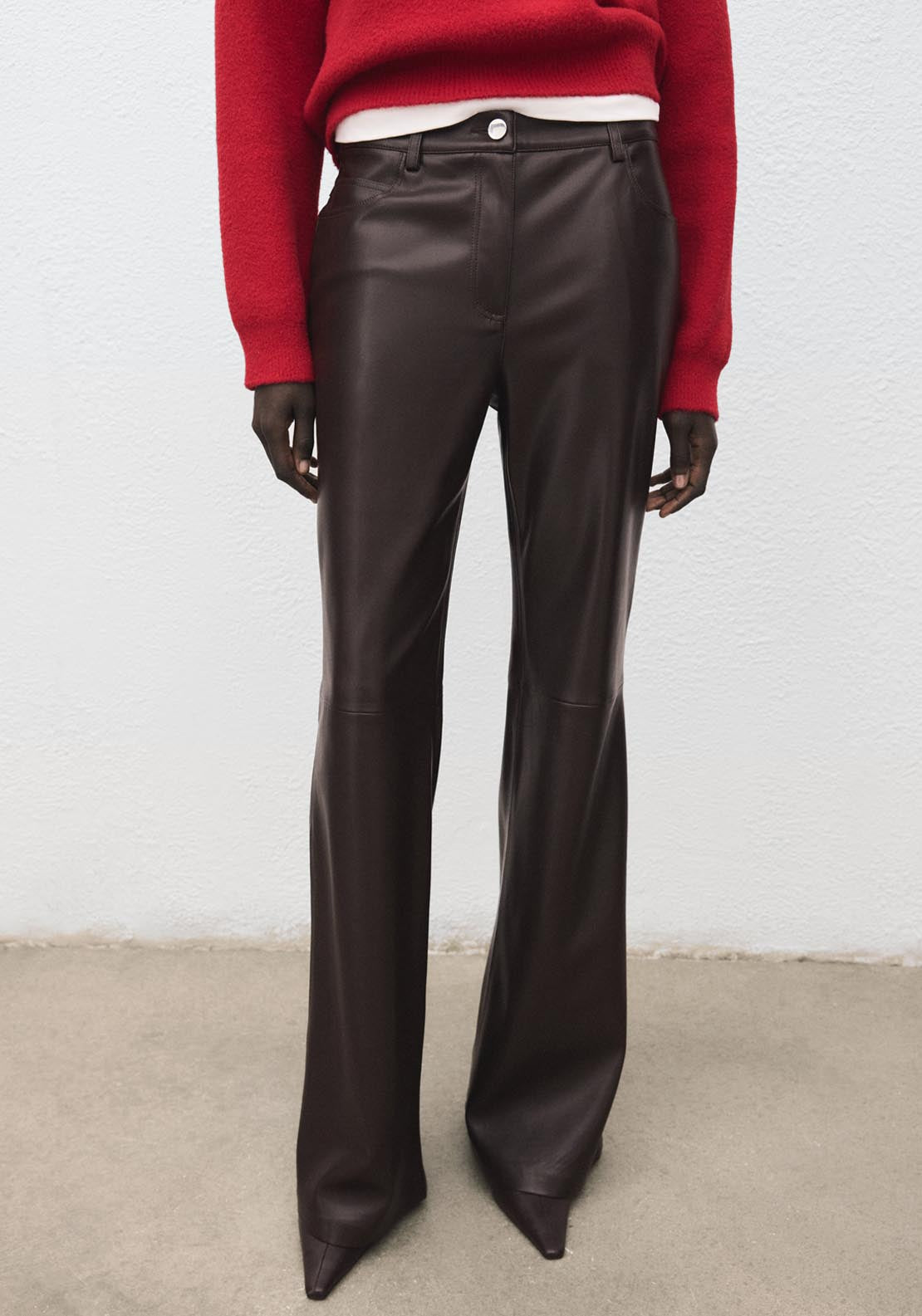 Faux Leather Flared Trousers - Brown