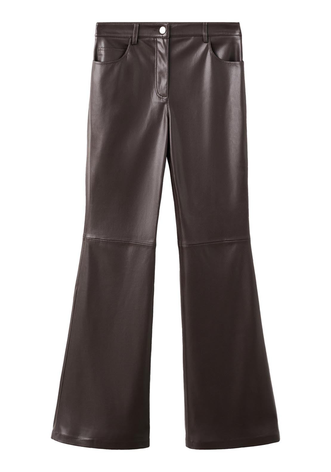 Faux Leather Flared Trousers - Brown