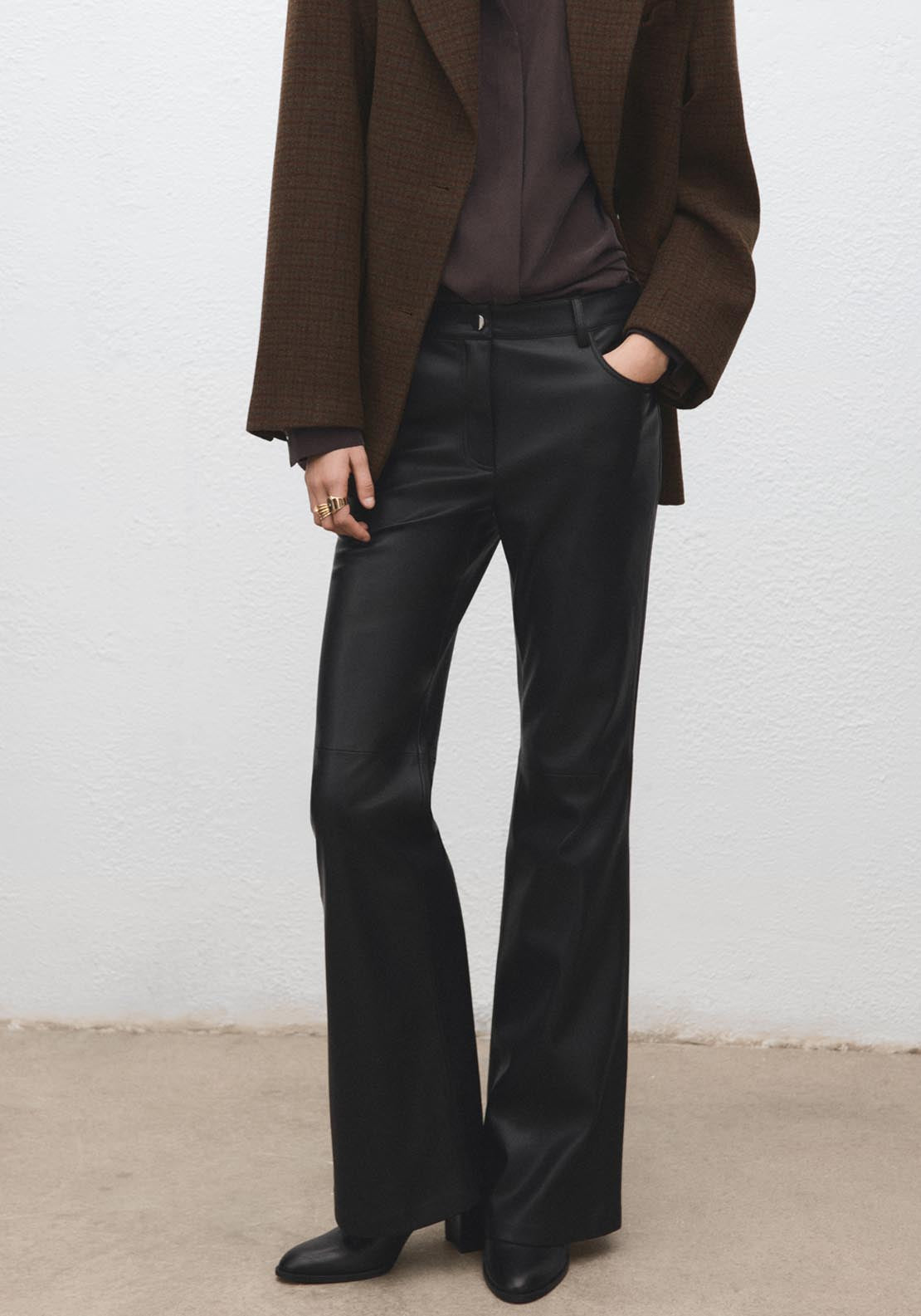 Mango Faux Leather Flared Trousers - Black 1 Shaws Department Stores