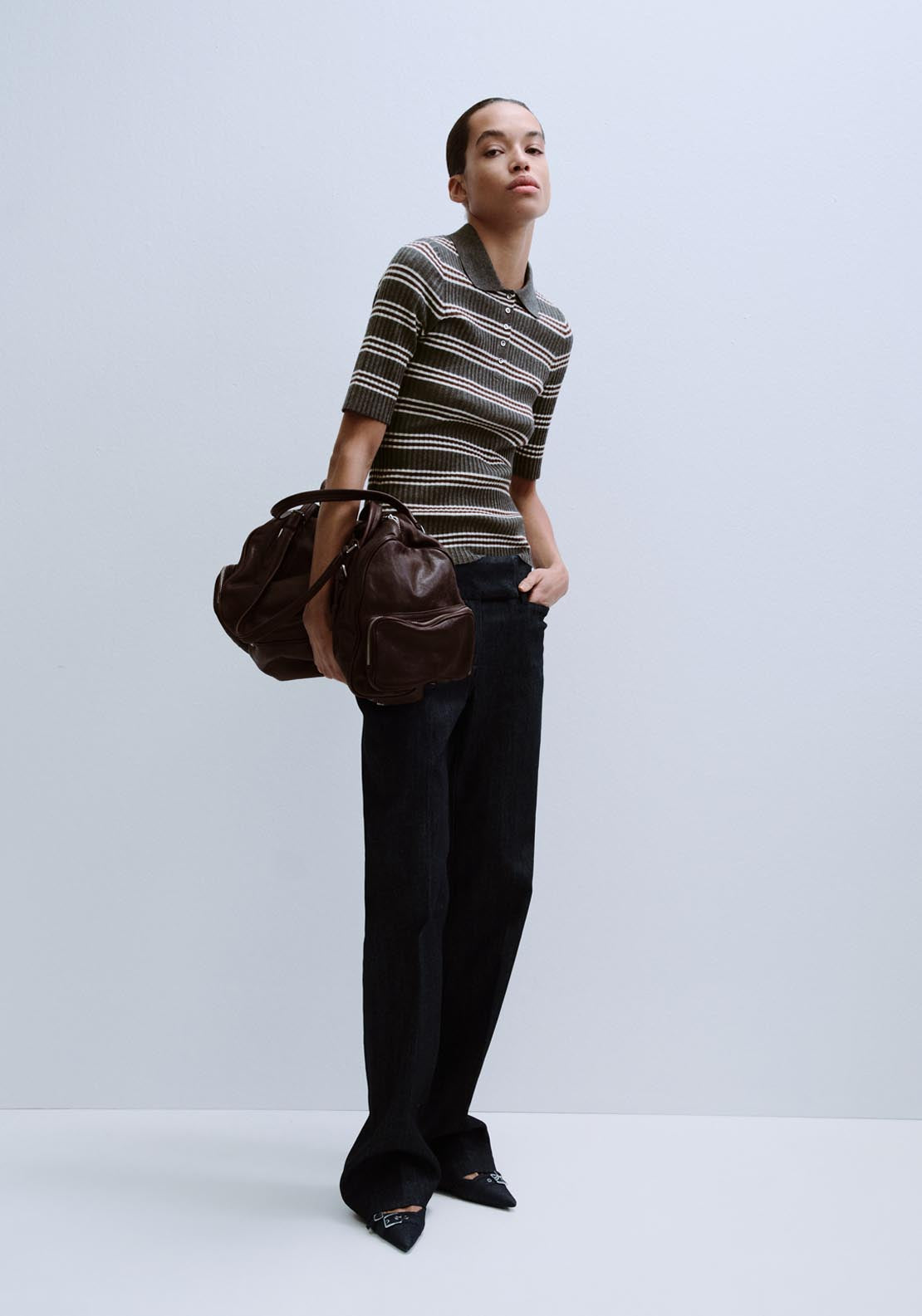 Striped Ribbed Knit Sweater - Grey