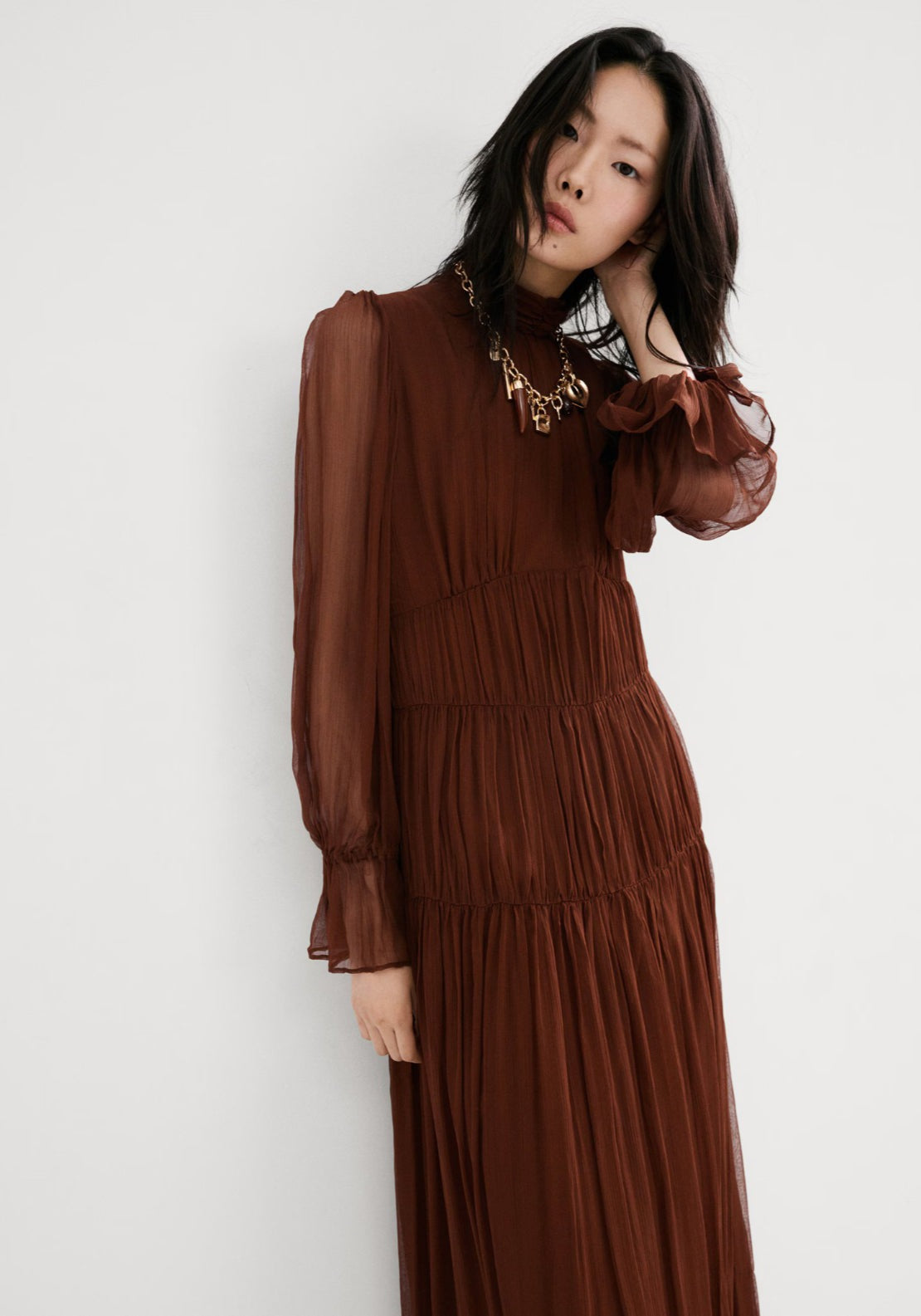 Pleated Chiffon Dress - Brown