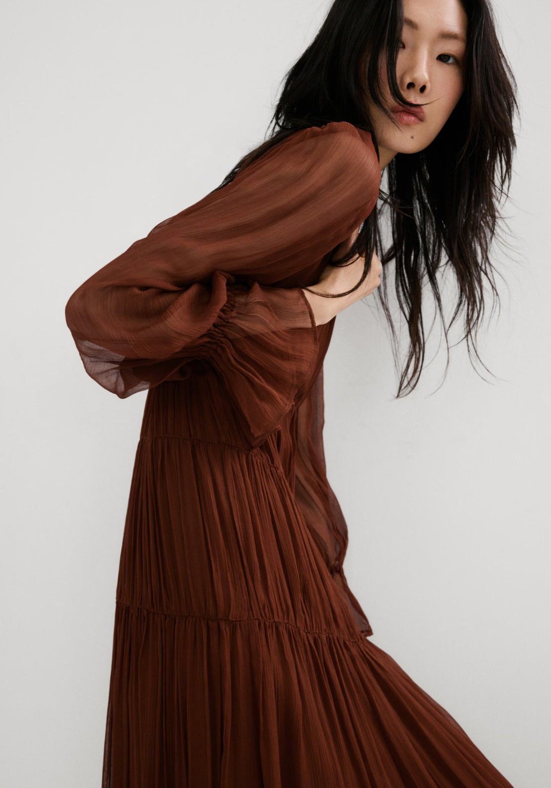 Pleated Chiffon Dress - Brown