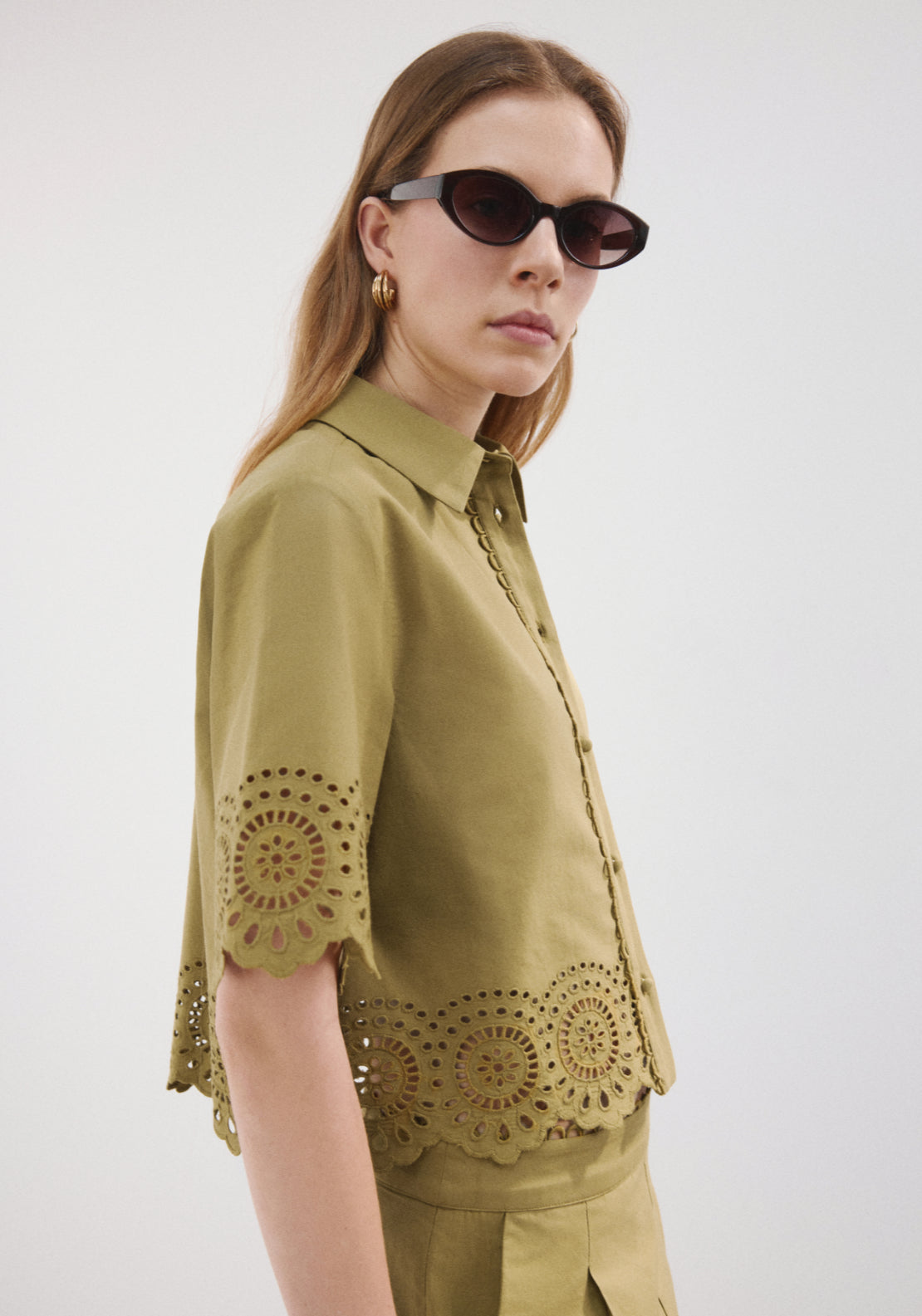Embroidered Openwork Shirt - Green