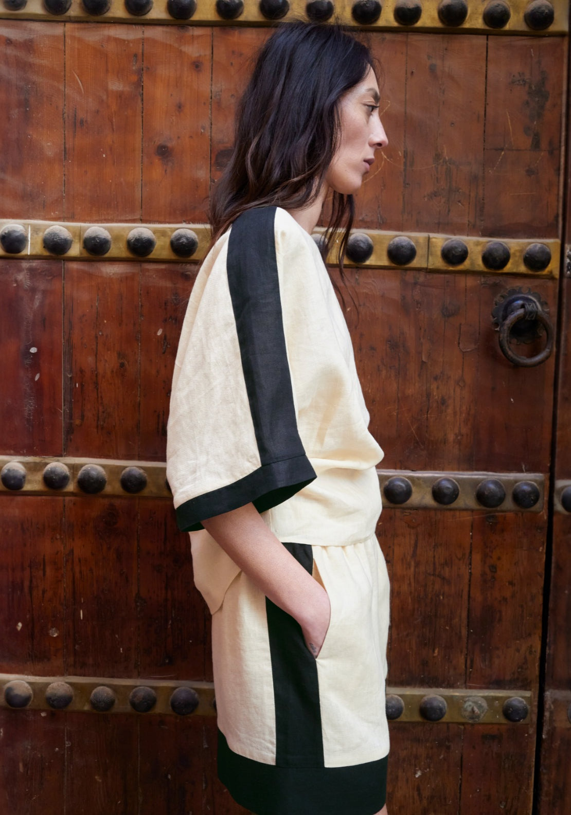 Linen Blouse With Contrasting Stripes - Cream