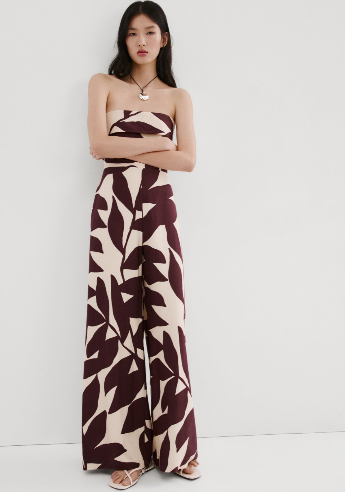 Printed Strapless Jumpsuit - Cream