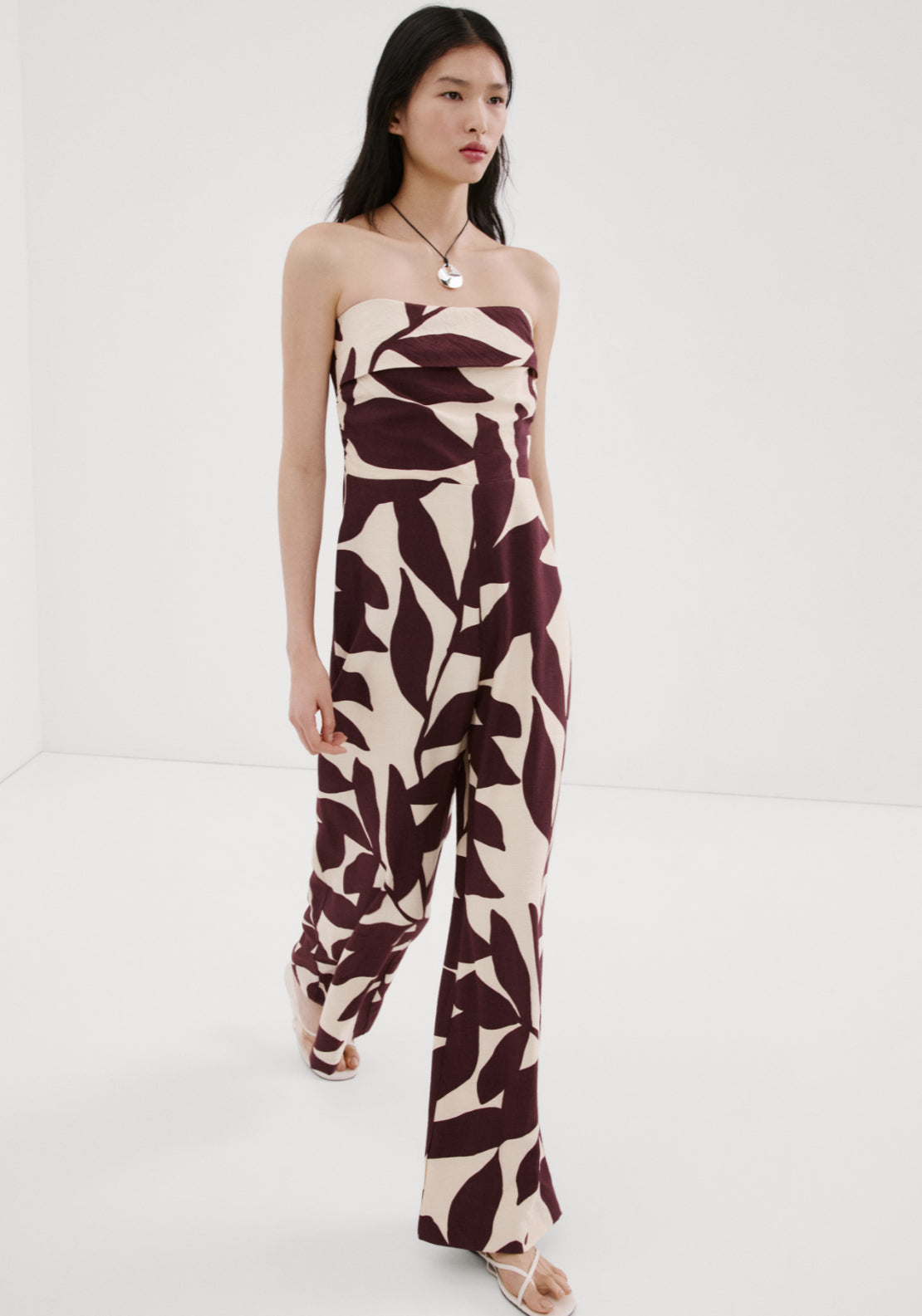 Printed Strapless Jumpsuit - Cream