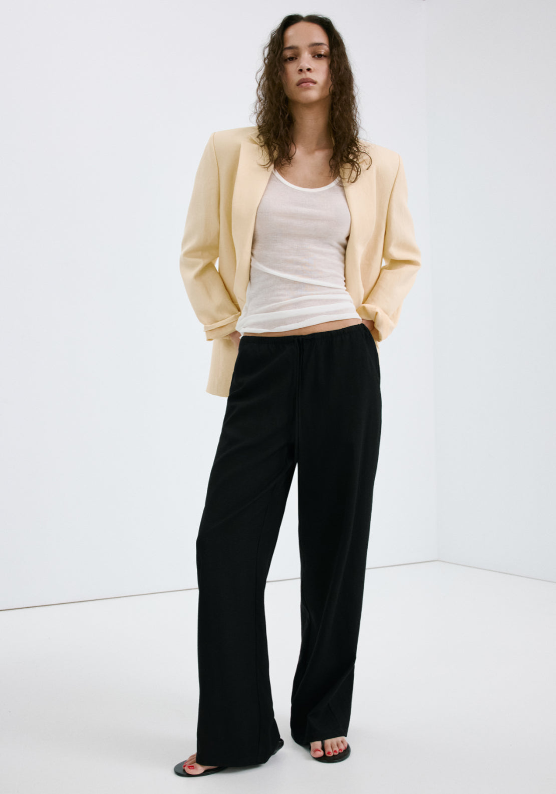 Tie Waist Straight Trousers - Black