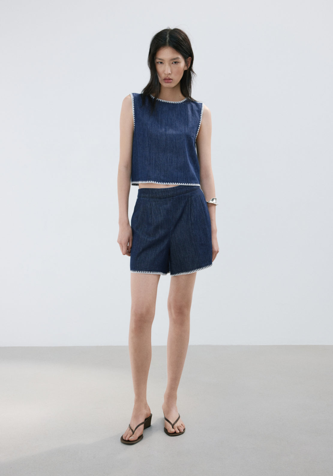Contrast Trim Denim Top - Denim Blue