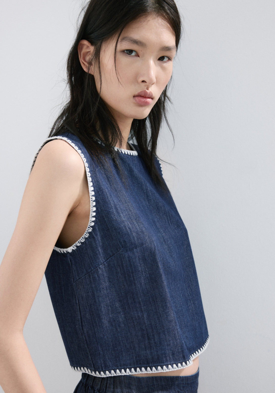 Contrast Trim Denim Top - Denim Blue
