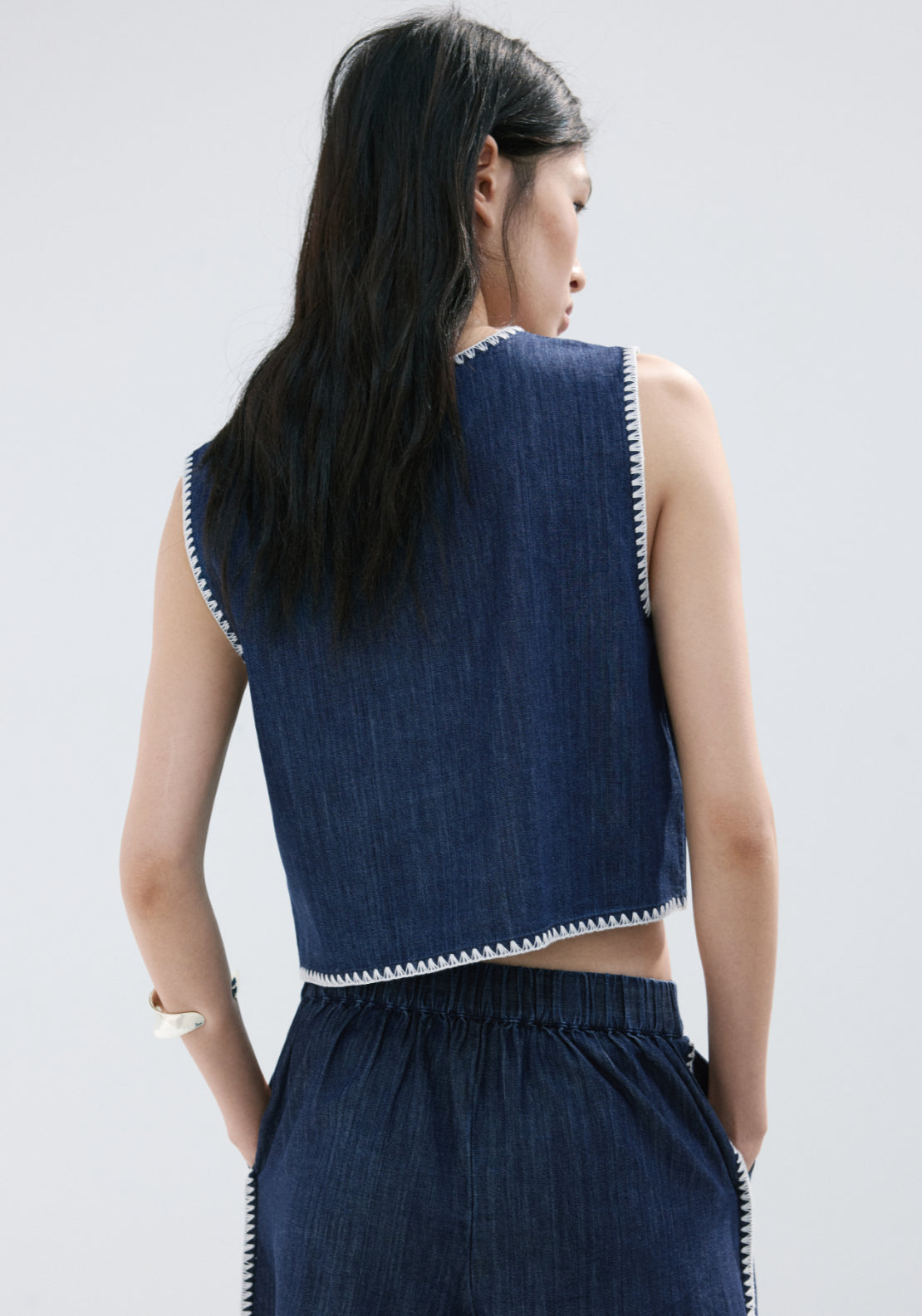 Contrast Trim Denim Top - Denim Blue