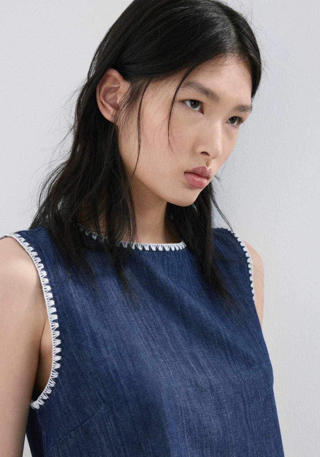 Contrast Trim Denim Top - Denim Blue