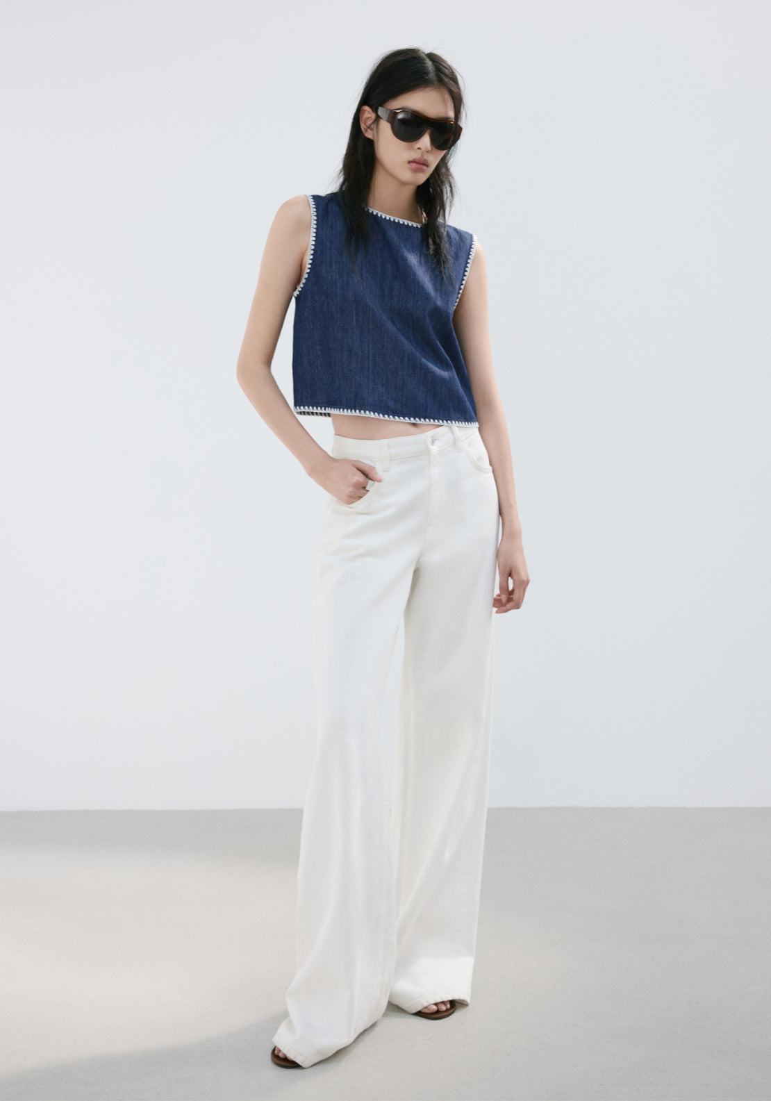 Contrast Trim Denim Top - Denim Blue