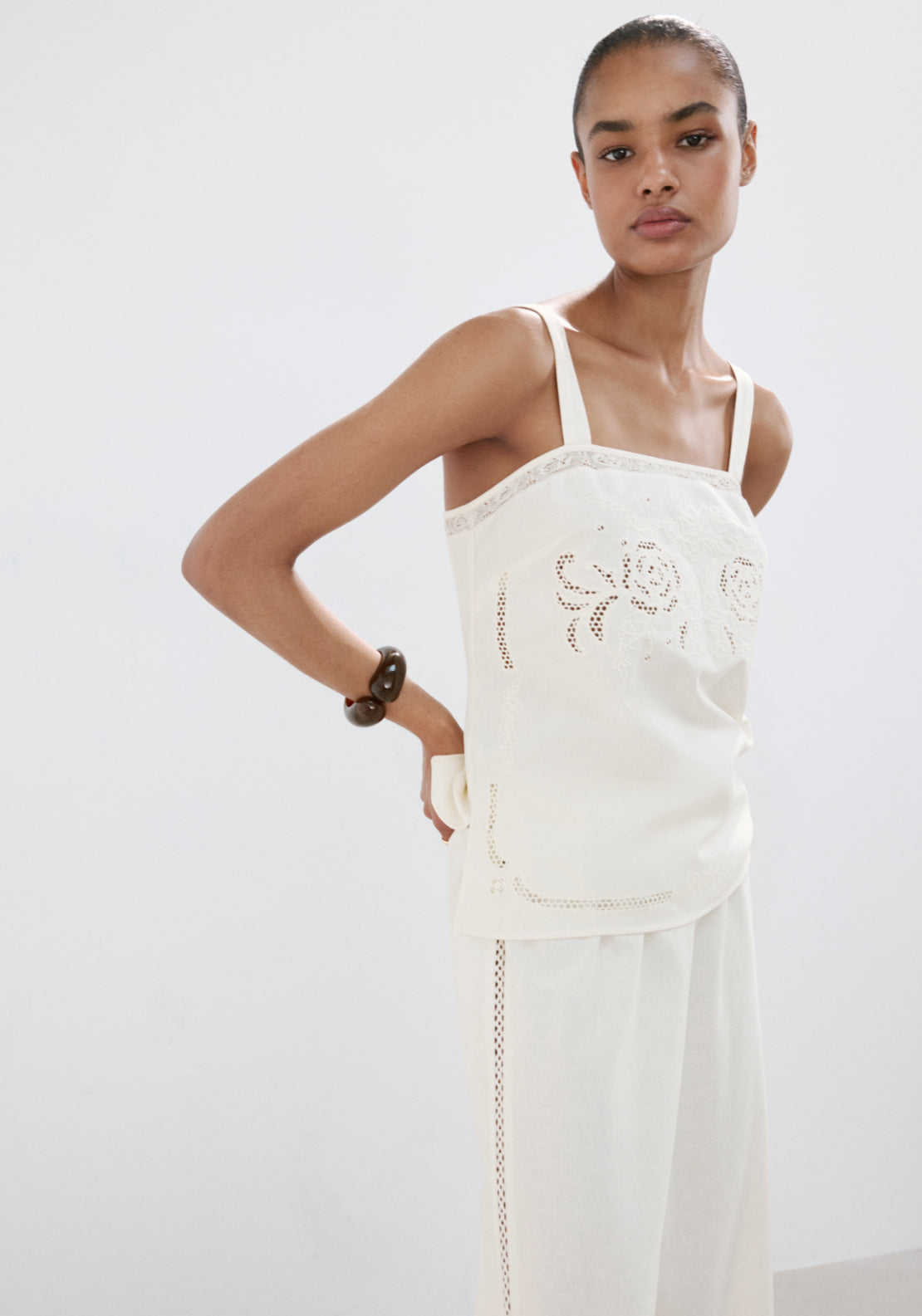 Embroidered Broderie Anglaise Top - Cream