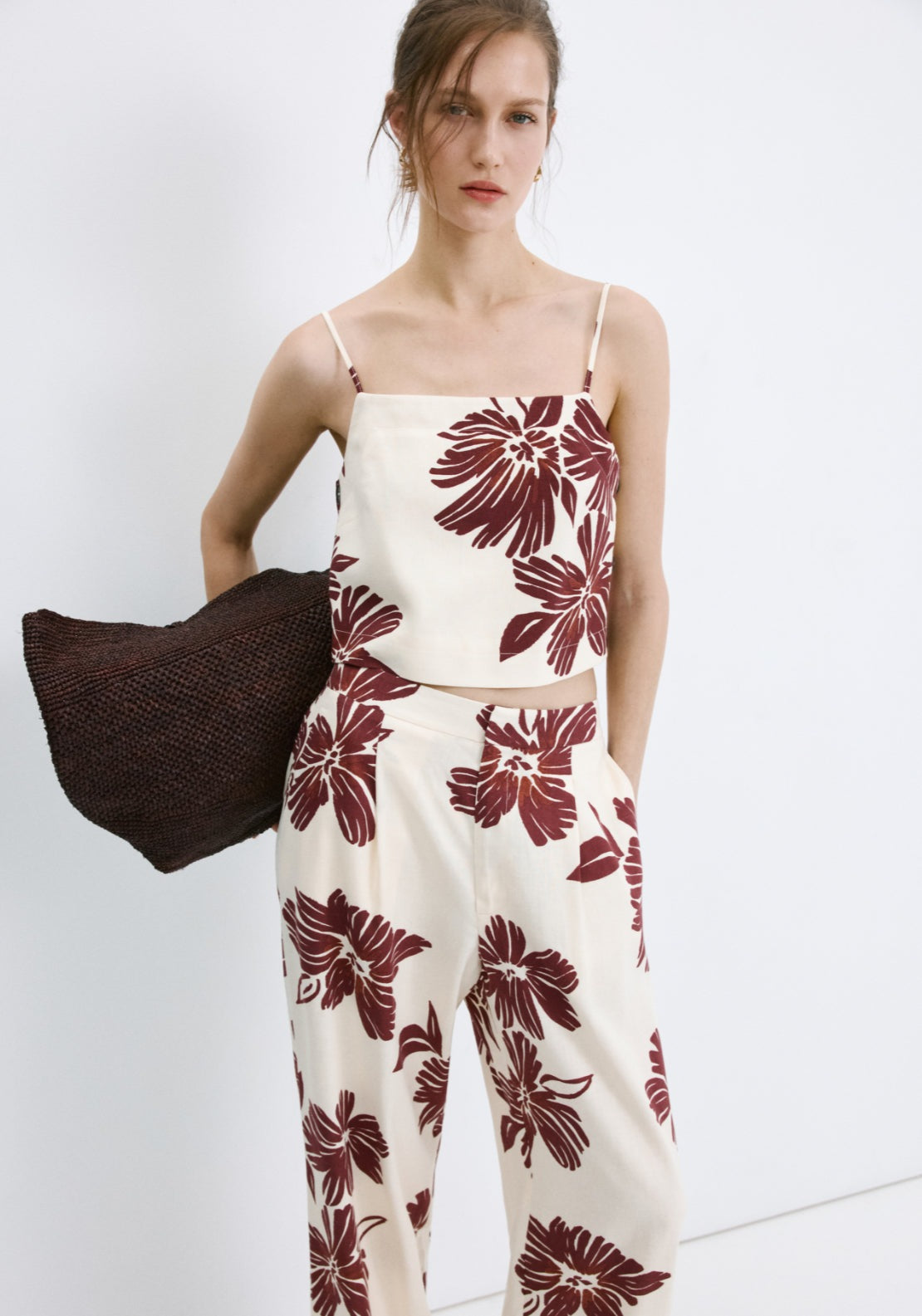 Printed Pleated Trousers - Cream