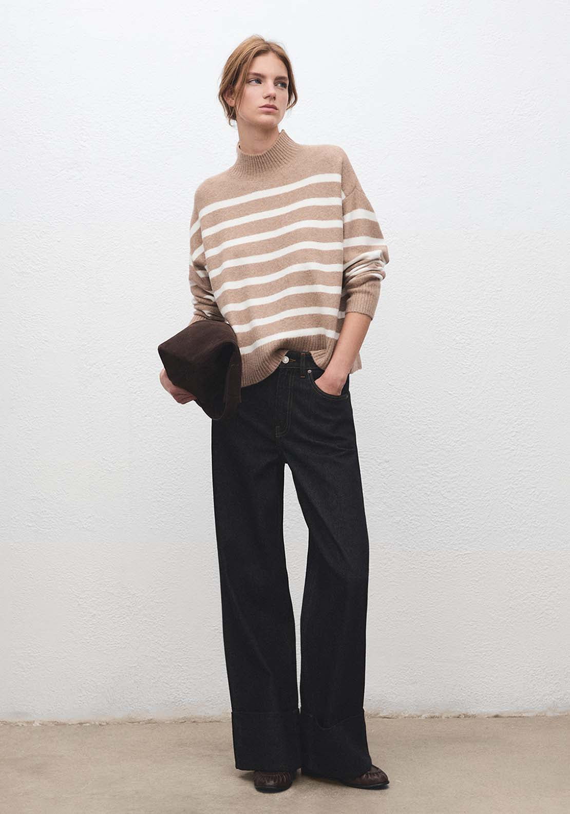 Oversized Striped Turtleneck Sweater - Beige