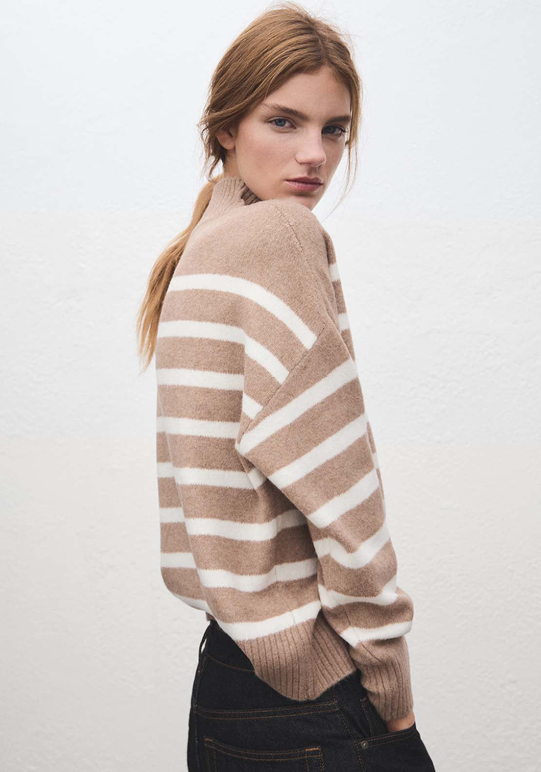 Oversized Striped Turtleneck Sweater - Beige