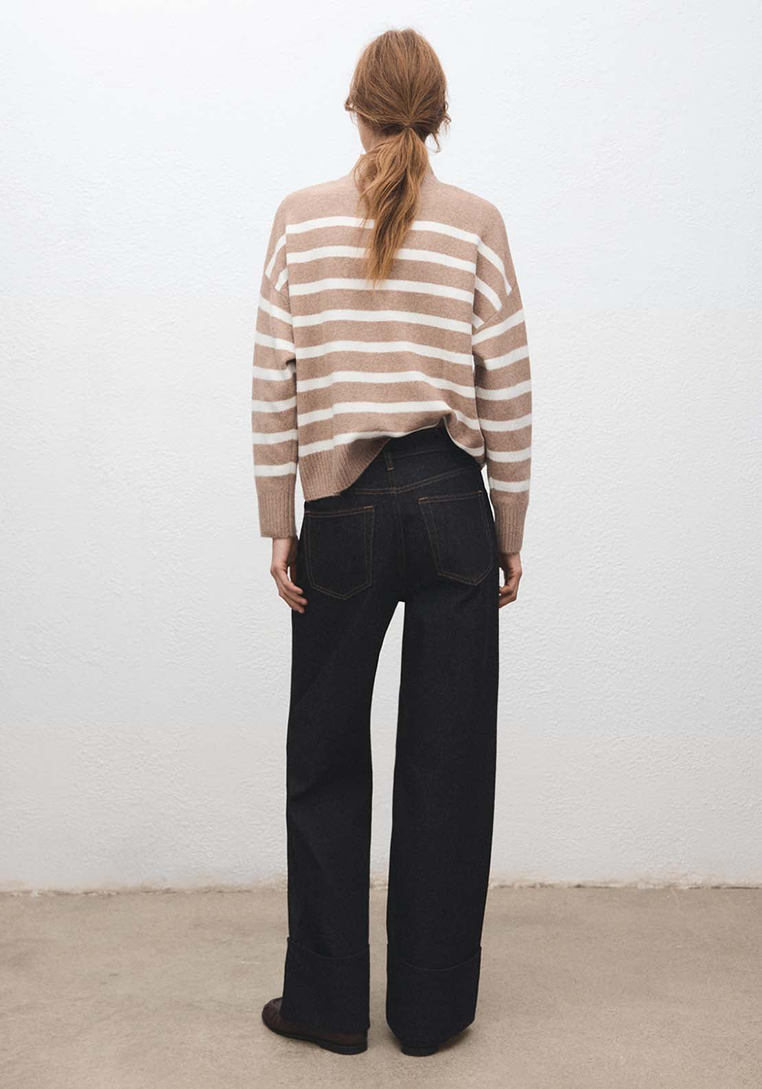 Oversized Striped Turtleneck Sweater - Beige