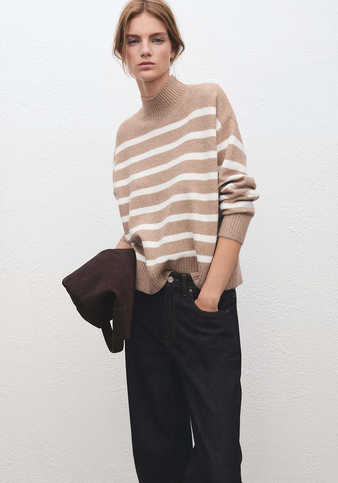 Oversized Striped Turtleneck Sweater - Beige