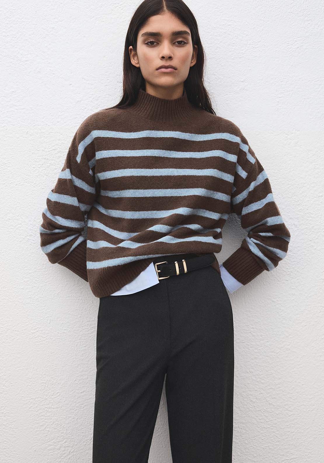 Oversized Striped Turtleneck Sweater - Brown